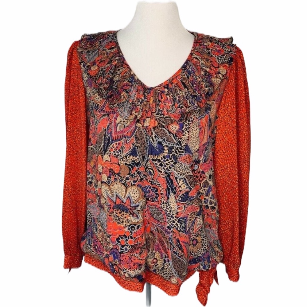 Jo Hanna York Vtg Blouse Red Floral Ruffle Long 10